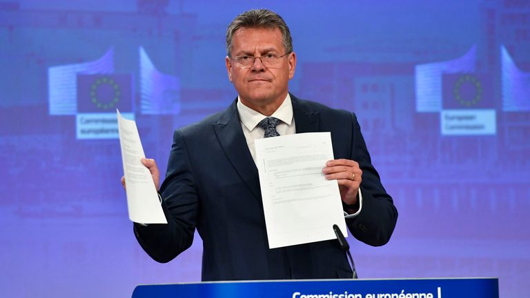 European Commissioner for Inter-institutional Relations and Foresight Maros Sefcovic holds up documents as he speaks during a media conference at EU headquarters in Brussels, Wednesday, June 15, 2022. Britain&#39;s government on Monday proposed new legislation that would unilaterally rewrite post-Brexit trade rules for Northern Ireland, despite opposition from some U.K. lawmakers and EU officials who say the move violates international law. 
PIC:AP