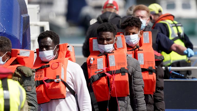 A group of people thought to be migrants are brought in to Dover, Kent, following a small boat incident in the Channel. Picture date: Tuesday June 28, 2022.
