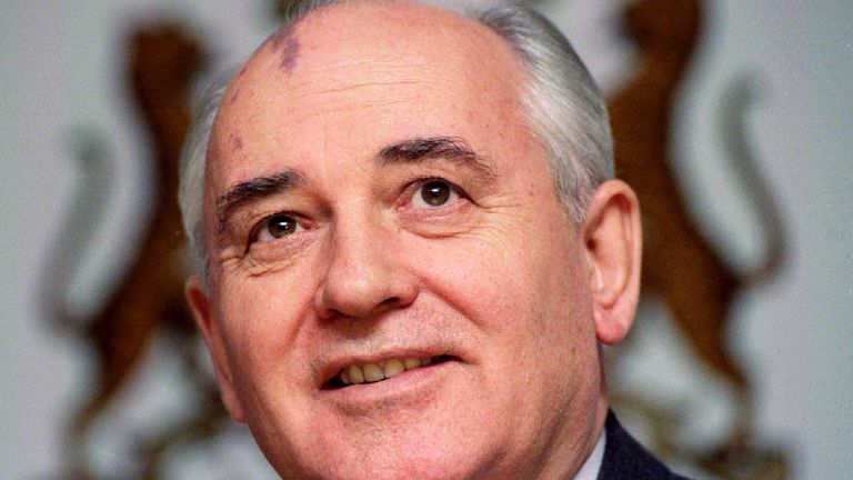 Former Soviet Premier Mikhail Gorbachev smiles during a press conference after arriving in Aberdeen, December 5