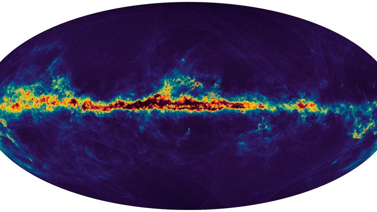 This map shows the interstellar dust that fills the Milky Way.  The dark regions in the center of the Galactic plane are black, which is rich in interstellar dust, which turns yellow as the amount of dust decreases.  The dark blue regions above and below the Galactic plane are regions with little dust.  PIC: ESA / AP