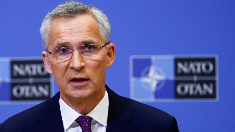 NATO Secretary General Jens Stoltenberg holds a news conference ahead of a NATO defence ministers&#39; meeting at the alliance&#39;s headquarters in Brussels, Belgium June 15, 2022. REUTERS/Yves Herman
