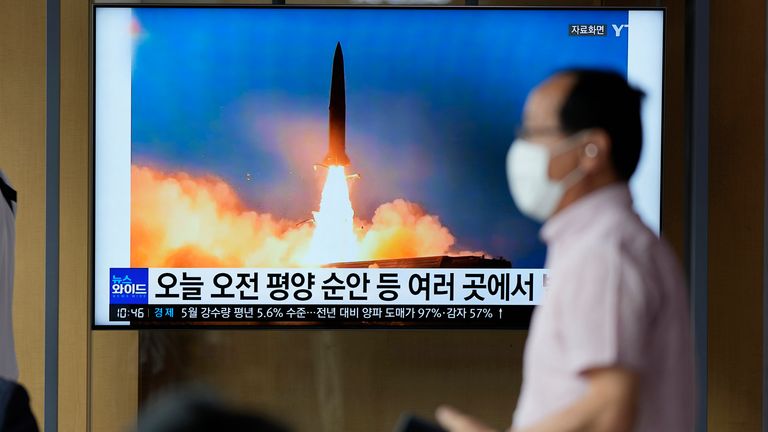 A TV screen showing a news program reporting about Sunday&#39;s North Korean missile launch with file image, is seen at a train station in Seoul, South Korea, Sunday, June 5, 2022. Pic: AP