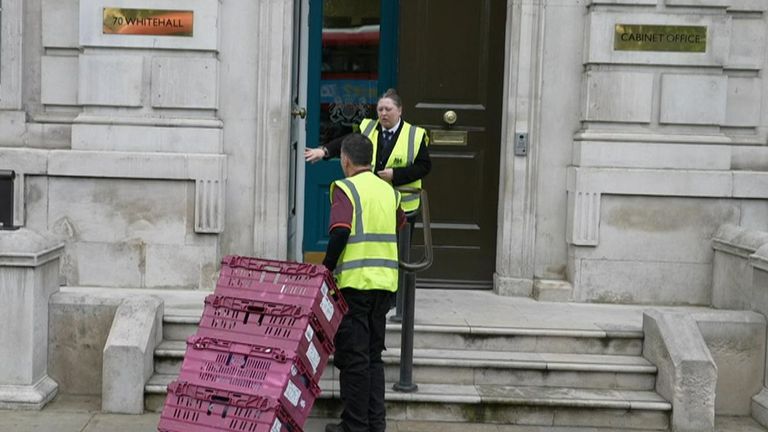 A number of crates of what looked to beer and prosecco were seen being taken into the Cabinet Office on Wednesday. Pool image