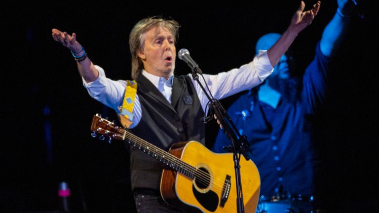 Paul McCartney performs at the Glastonbury Festival at Worthy Farm, Somerset, England, Saturday, June 25, 2022. (Photo by Joel C Ryan/Invision/AP)