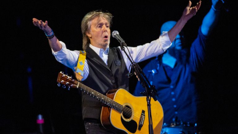 Paul McCartney performs at Glastonbury Festival in Worthy Farm, Somerset, England, Saturday, June 25, 2022. (Photo by Joel C Ryan/Invision/AP)