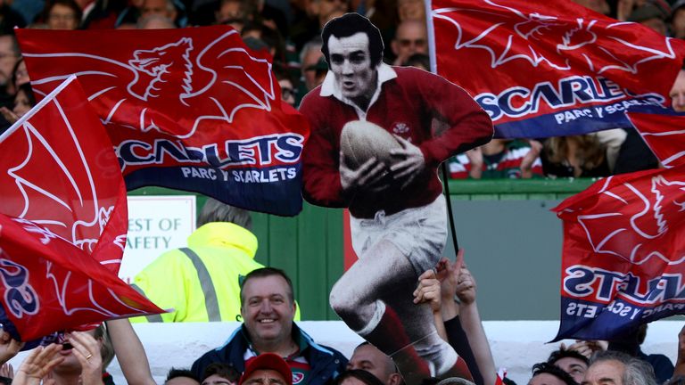 Llanelli Scarlets fans show their support in the stands as they display a cardboard cut-out of former Llanelli and Wales fly half Phil Bennett
