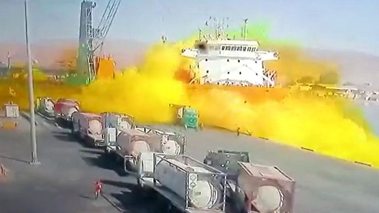 Chlorine gas explosion at southern port of Aqaba in Jordan. Pic: ALMAMLAKA TV