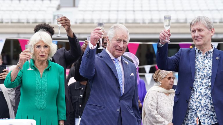 The Prince of Wales and the Duchess of Cornwall, as Patron of the Big Lunch, during the Big Jubilee Lunch with tables set up on the pitch at The Oval cricket ground, London, on day four of the Platinum Jubilee celebrations. Picture date: Sunday June 5, 2022.

