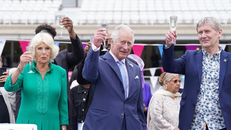 The Prince of Wales and the Duchess of Cornwall, as Patron of the Big Lunch, during the Big Jubilee Lunch with tables set up on the pitch at The Oval cricket ground, London, on day four of the Platinum Jubilee celebrations. Picture date: Sunday June 5, 2022.

