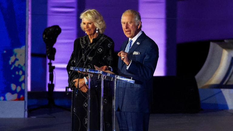 Prince Charles and the Duchess of Cornwall on stage at the Platinum Party at the Palace 