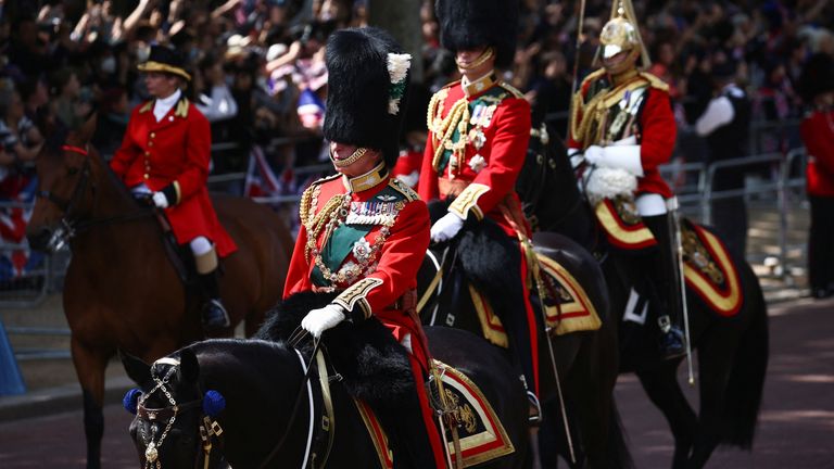 Britain&#39;s Prince Charles and Prince William ride on horseback during the Trooping the Colour parade in celebration of Britain&#39;s Queen Elizabeth&#39;s Platinum Jubilee, in London, Britain June 2, 2022. REUTERS/Henry Nicholls
