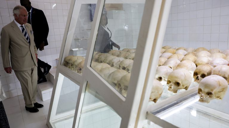 EDITORS NOTE CONTENT The Prince of Wales views skulls of victims during his visit to the Nyamata Church Genocide Memorial, as part of his visit to Rwanda. Picture date: Wednesday June 22, 2022.