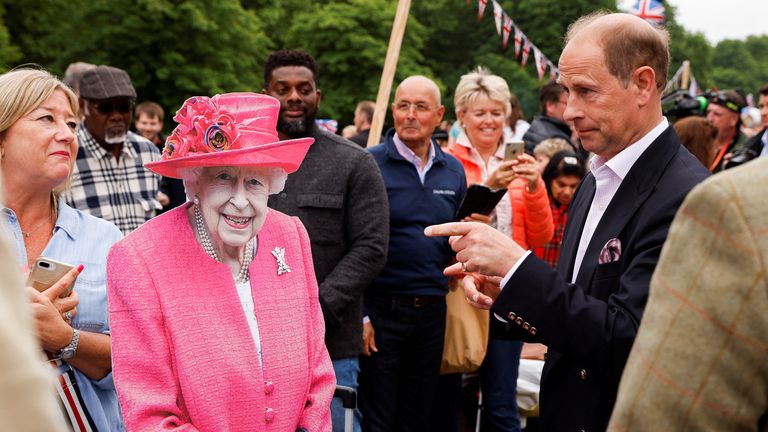 Prince Edward with a cut-out of the Queen at a Big Jubilee Lunch in Windsor