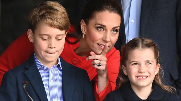 The Duchess of Cambridge, Prince George and Princess Charlotte during their visit to Cardiff Castle to meet performers and crew involved in the special Platinum Jubilee Celebration Concert taking place in the castle grounds later in the afternoon, as members of the Royal Family visit the nations of the UK to celebrate Queen Elizabeth II&#39;s Platinum Jubilee. Picture date: Saturday June 4, 2022.
