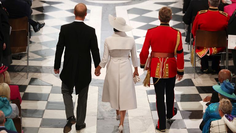 Prince Harry and Meghan, Duchess of Sussex arrive to attend a service of thanksgiving for the reign of Queen Elizabeth II at St Paul...s Cathedral in London, Friday June 3, 2022 on the second of four days of celebrations to mark the Platinum Jubilee. The events over a long holiday weekend in the U.K. are meant to celebrate the monarch...s 70 years of service. (Dan Kitwood/Pool Photo via AP)
PIC:Ap