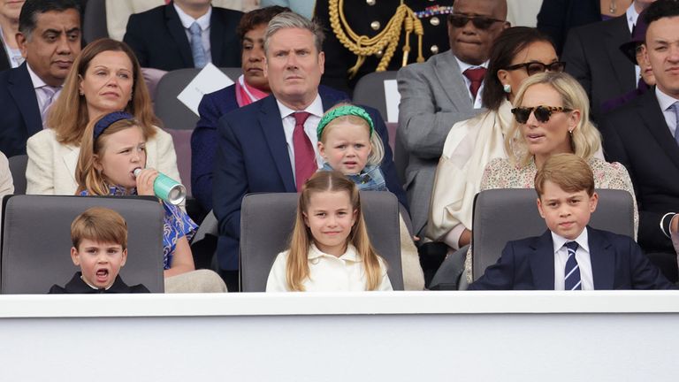 Prince Louis, Princess Charlotte, Prince George(second row) Mia Tindall, Lena Tindall, Zara Tindall (third row left) Victoria Starmer and Labour leader Keir Starmer during the Platinum Jubilee Pageant in front of Buckingham Palace, London, on day four of the Platinum Jubilee celebrations. Picture date: Sunday June 5, 2022.