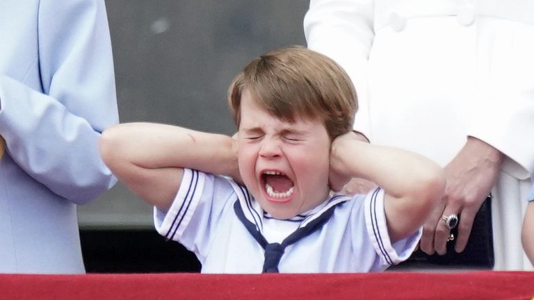 Prince Louis reacts on the balcony of Buckingham Palace, while viewing the Platinum Jubilee flypast, on day one of the Platinum Jubilee celebrations. Picture date: Thursday June 2, 2022.
