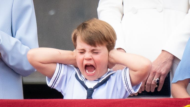 Prince Louis pulls a face on the balcony of Buckingham Palace, to view the Platinum Jubilee flypast, on day one of the Platinum Jubilee celebrations. Picture date: Thursday June 2, 2022.