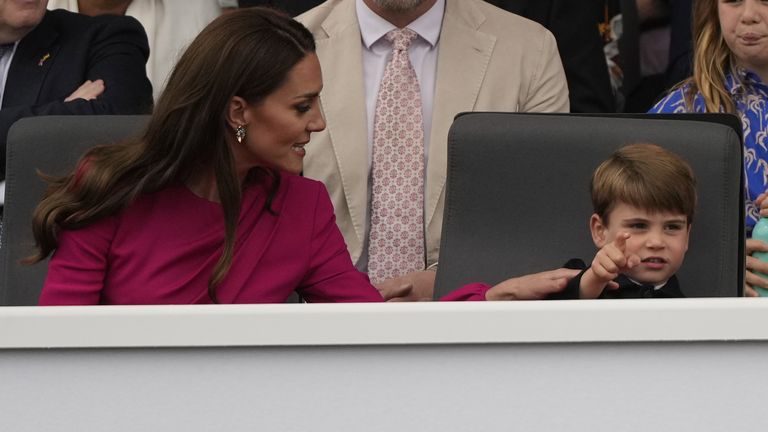 The Duchess of Cambridge and Prince Louis during the Platinum Jubilee Pageant in front of Buckingham Palace, London, on day four of the Platinum Jubilee celebrations. Picture date: Sunday June 5, 2022.
