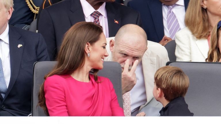 The Duchess of Cambridge, Prince Louis and Mike Tindall during the Platinum Jubilee Pageant in front of Buckingham Palace, London, on day four of the Platinum Jubilee celebrations. Picture date: Sunday June 5, 2022.
