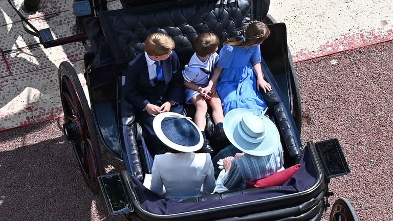 The Duchess of Cambridge, Prince Louis , Prince George, Princess Charlotte and the Duchess of Cornwall leaves Buckingham Palace for the Trooping the Colour ceremony at Horse Guards Parade, central London, as the Queen celebrates her official birthday, on day one of the Platinum Jubilee celebrations. Picture date: Thursday June 2, 2022.


