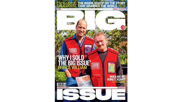 The photo of the undated flyer issued by Big Issue on their front cover shows the Duke of Cambridge (left) with Big Issue vendor Dave Martin.  Release date: Monday, June 20, 2022.