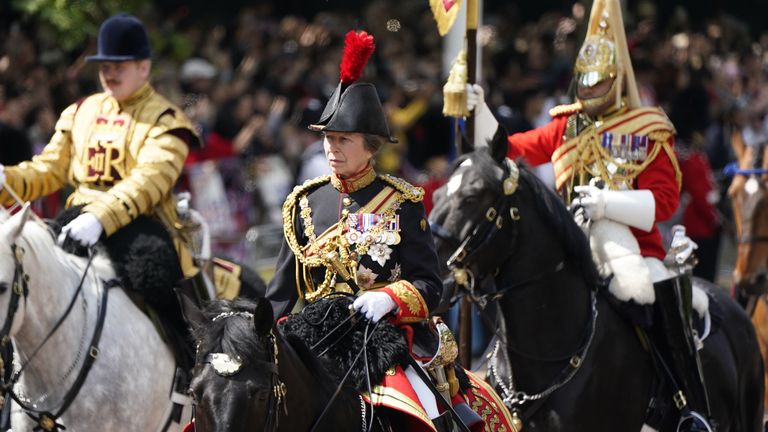 The Princess Royal takes part in the Royal Procession leaves Buckingham Palace for the Trooping the Colour ceremony at Horse Guards Parade, central London, as the Queen celebrates her official birthday, on day one of the Platinum Jubilee celebrations. Picture date: Thursday June 2, 2022.
