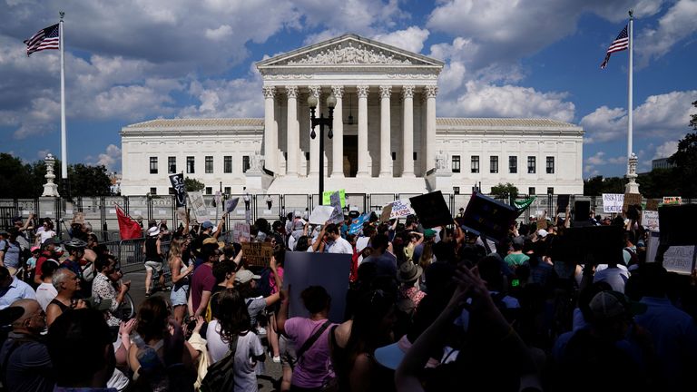 Abortion rights activists demonstrate outside the United States Supreme Court in Washington, U.S., June 25, 2022. REUTERS/Evelyn Hockstein
