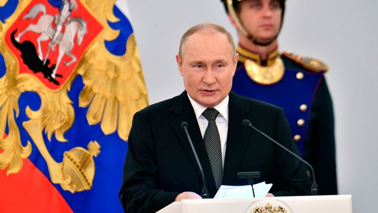 Russian President Vladimir Putin speaks during the State Prize awards ceremony while marking Russia Day in Kremlin in Moscow, Russia, Sunday, June 12, 2022. Since 1992, Russia Day is annually celebrated on 12 June as the Russian Federation&#39;s national holiday. (Evgeny Biyatov, Sputnik, Kremlin Pool Photo via AP)