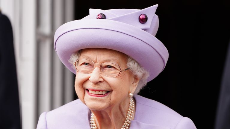 Queen Elizabeth II attends an armed forces act of loyalty parade in the gardens of the Palace of Holyroodhouse, Edinburgh, as they mark her platinum jubilee in Scotland. The ceremony is part of the Queen&#39;s traditional trip to Scotland for Holyrood Week. Picture date: Tuesday June 28, 2022.

