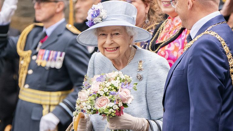 Queen Elizabeth II attends the Ceremony of the Keys on the forecourt of the Palace of Holyroodhouse in Edinburgh, accompanied by the Earl and Countess of Wessex, as part of her traditional trip to Scotland for Holyrood Week. Picture date: Monday June 27, 2022.
