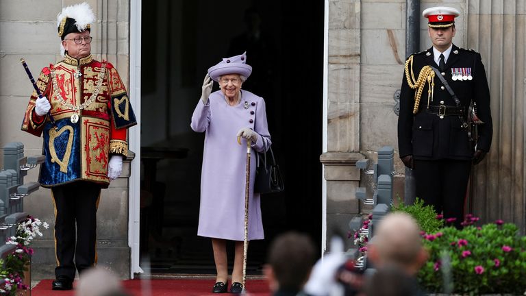 Britain&#39;s Queen Elizabeth arrives for the Armed Forces parade at the Palace of Holyroodhouse in Edinburgh, Scotland, Britain June 28, 2022. REUTERS/Russell Cheyne
