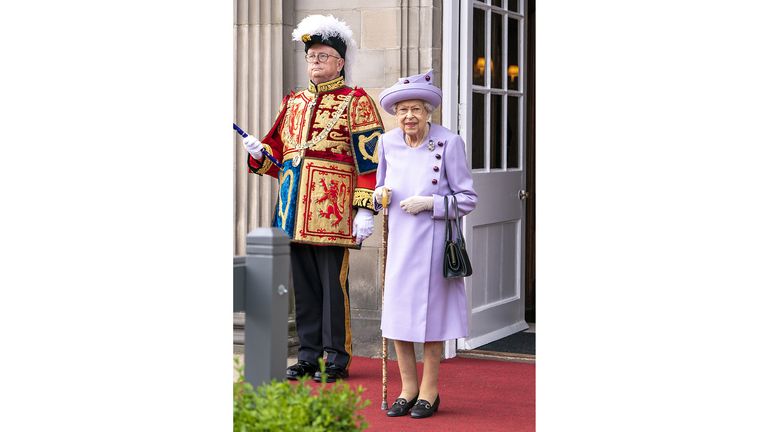 Queen Elizabeth II attends an armed forces act of loyalty parade in the gardens of the Palace of Holyroodhouse, Edinburgh, as they mark her platinum jubilee in Scotland. The ceremony is part of the Queen&#39;s traditional trip to Scotland for Holyrood Week. Picture date: Tuesday June 28, 2022.