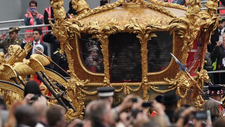 A hologram of Queen Elizabeth II during her coronation in the Gold State Coach during the Platinum Jubilee Pageant in front of Buckingham Palace