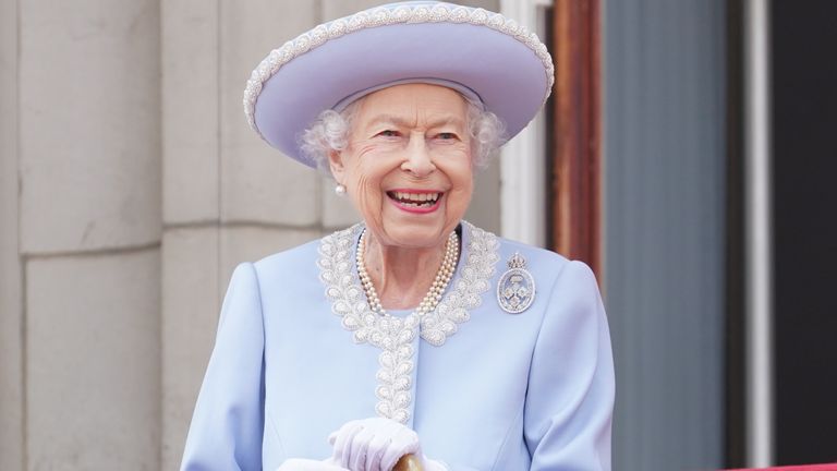 Queen Elizabeth II watches from the balcony during the Trooping the Colour ceremony at Horse Guards Parade, central London, as the Queen celebrates her official birthday, on day one of the Platinum Jubilee celebrations. Picture date: Thursday June 2, 2022.
