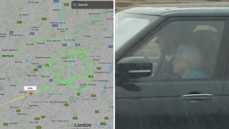 The Queen&#39;s plane circling around London (left), and her drive to Windsor castle after landing (right)