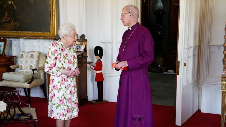 The Queen was seen without her walking stick as she held a face-to-face audience with the Archbishop of Canterbury