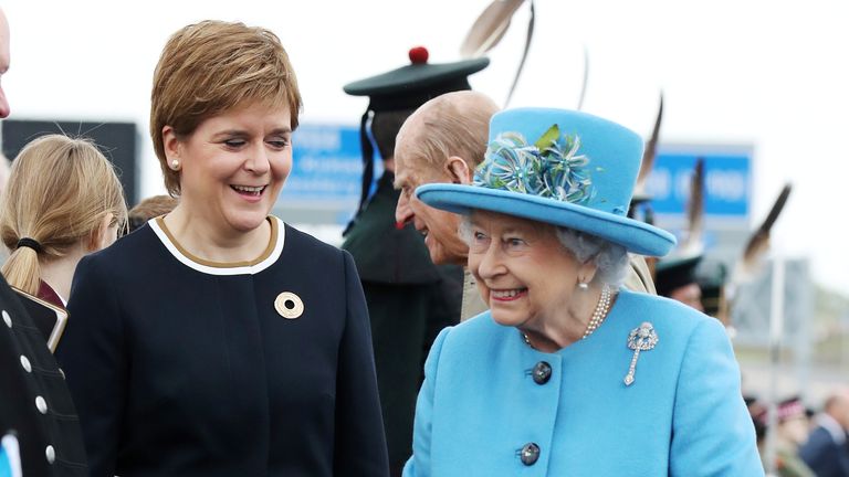 Britain's Queen Elizabeth, Scotland's First Minister Nicola Sturgeon and Prince Philip attend the ceremonial opening of the Queensferry Crossing, in Scotland, September 4, 2017. REUTERS/Andrew Milligan/Pool