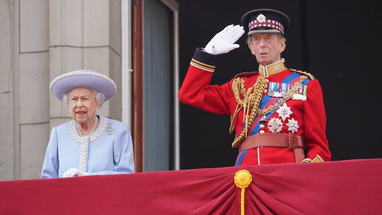 Queen Elizabeth II and the Duke of Kent watch from the balcony during the Trooping the Colour ceremony at Horse Guards Parade, central London, as the Queen celebrates her official birthday, on day one of the Platinum Jubilee celebrations. Picture date: Thursday June 2, 2022.
