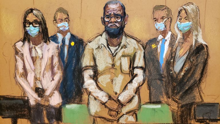 R. Kelly stands with his lawyers Jennifer Bonjean and Ashley Cohen during his sentencing hearing for federal sex trafficking at the Brooklyn Federal Courthouse in Brooklyn, New York, U.S., June 29, 2022 in this courtroom sketch. REUTERS/Jane Rosenberg
