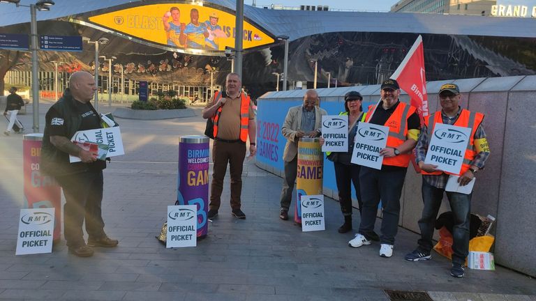 Rail workers were also seen on a picket line in front of Birmingham&#39;s New Street Station. Pic: @socialistworker
