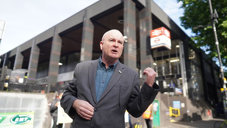 RMT general secretary Mick Lynch on a picket line outside Euston station in London, as members of the Rail, Maritime and Transport union begin their nationwide strike along with London Underground workers in a bitter dispute over pay, jobs and conditions. Picture date: Tuesday June 21, 2022.