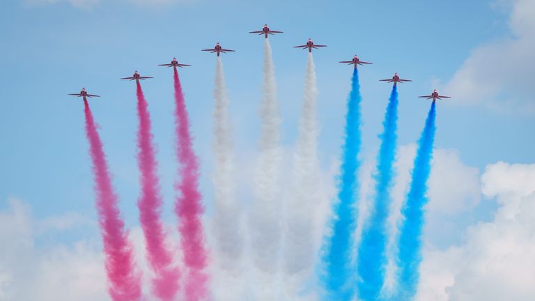 The Red Arrows during a flypast at the conclusion of the Trooping the Colour ceremony at Horse Guards Parade, central London, as the Queen celebrates her official birthday, on day one of the Platinum Jubilee celebrations. Picture date: Thursday June 2, 2022.
