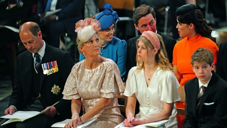 (front left to right) The Earl and Countess of Wessex, Lady Louise Windsor and James, Viscount Severn, and (back left to right) Princess Beatrice, Edoardo Mapelli Mozzi and Princess Eugenie during the National Service of Thanksgiving at St Paul&#39;s Cathedral, London, on day two of the Platinum Jubilee celebrations for Queen Elizabeth II. Picture date: Friday June 3, 2022.