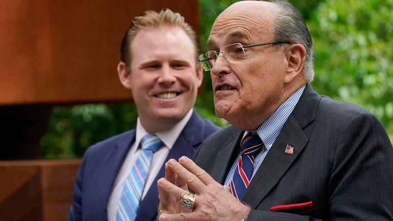 Rudy Giuliani and his son Andrew Giuliani, a Republican candidate for governor of New York. Pic: AP