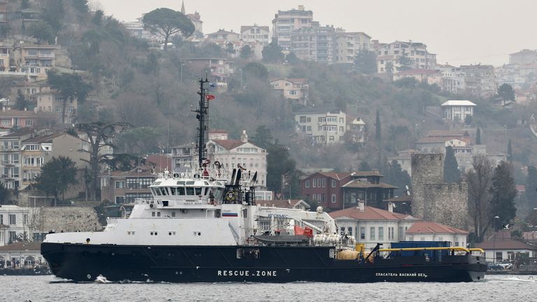 Russian navy tugboat Vasiliy Bekh poses for a photo in the Bosphorus, en route to the Black Sea, in Istanbul, Turkey, on January 7, 2022
