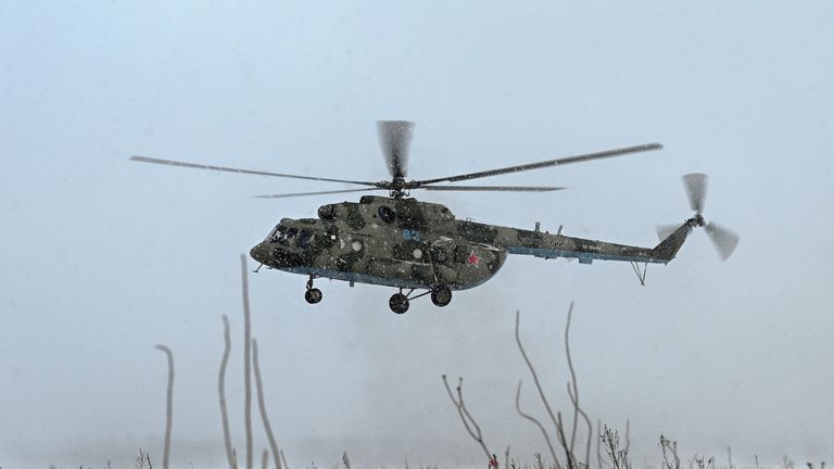 A Russian Mi-8 military helicopter is seen during flight testing in the Rostov region, Russia, in January