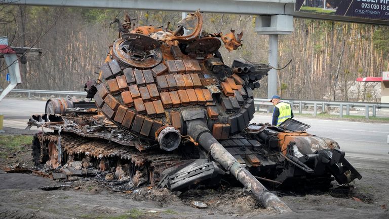 A damaged Russian tank on a highway to Kyiv in April that had been part of the blitzkrieg on the country&#39;s capital in the early stages of the war. Pic: AP