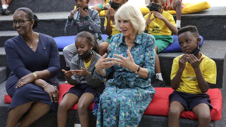 The Duchess of Cornwall speaks to children in Kigali