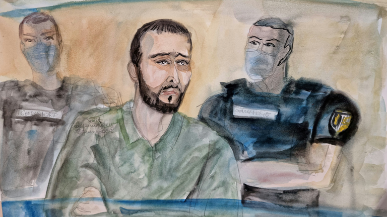 An artist&#39;s sketch shows Salah Abdeslam in court today